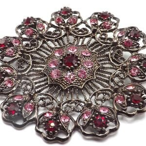 Pink Red Rhinestones Floral Brooch, Bronze Tone, Vintage 1990s, 2 1/2 Inches